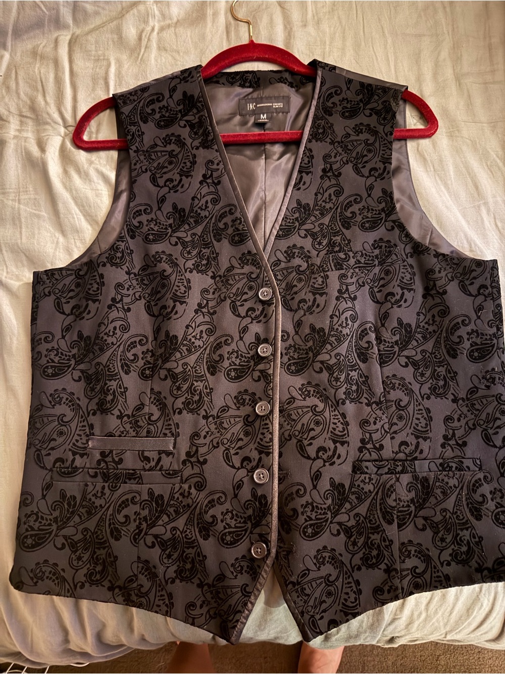 INC International Concepts Charcoal and Black Paisley Velvet Vest